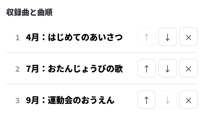 アルバムの編集画面：収録曲と曲順を並べ替え