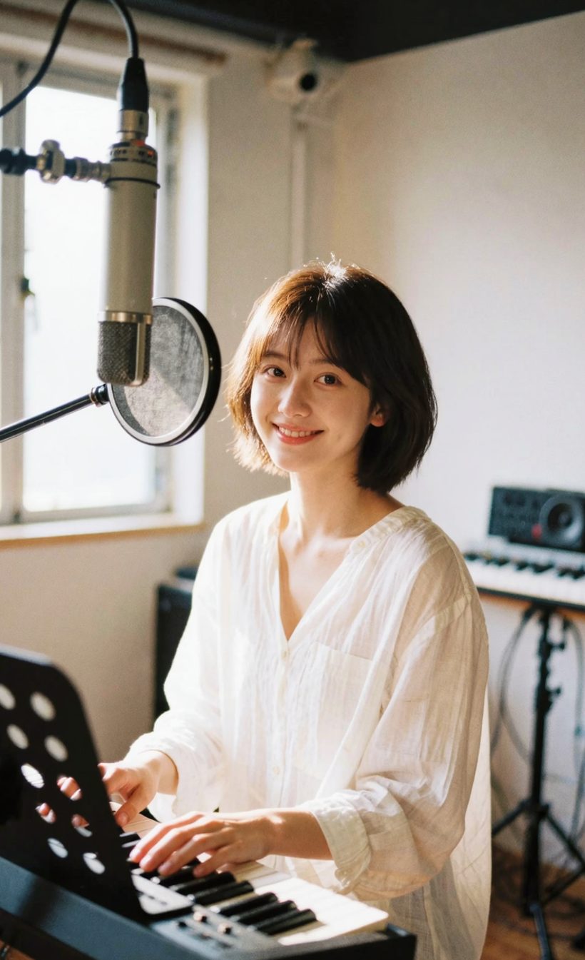 自宅スタジオで録音する女性。宅録・デモ・歌ってみたの音源